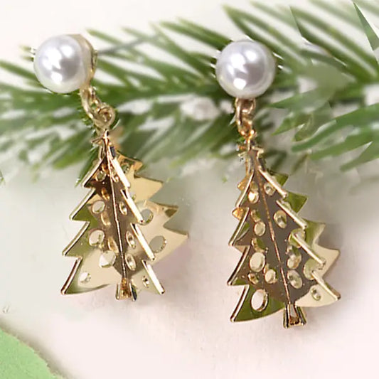 Pearl Gold 3D Christmas Tree Dangle Earrings