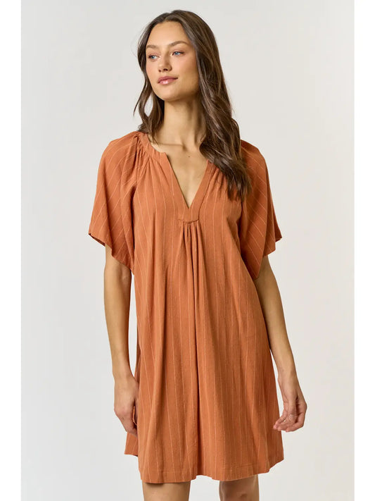 Cider Harvest Linen Striped V-Neck Dress