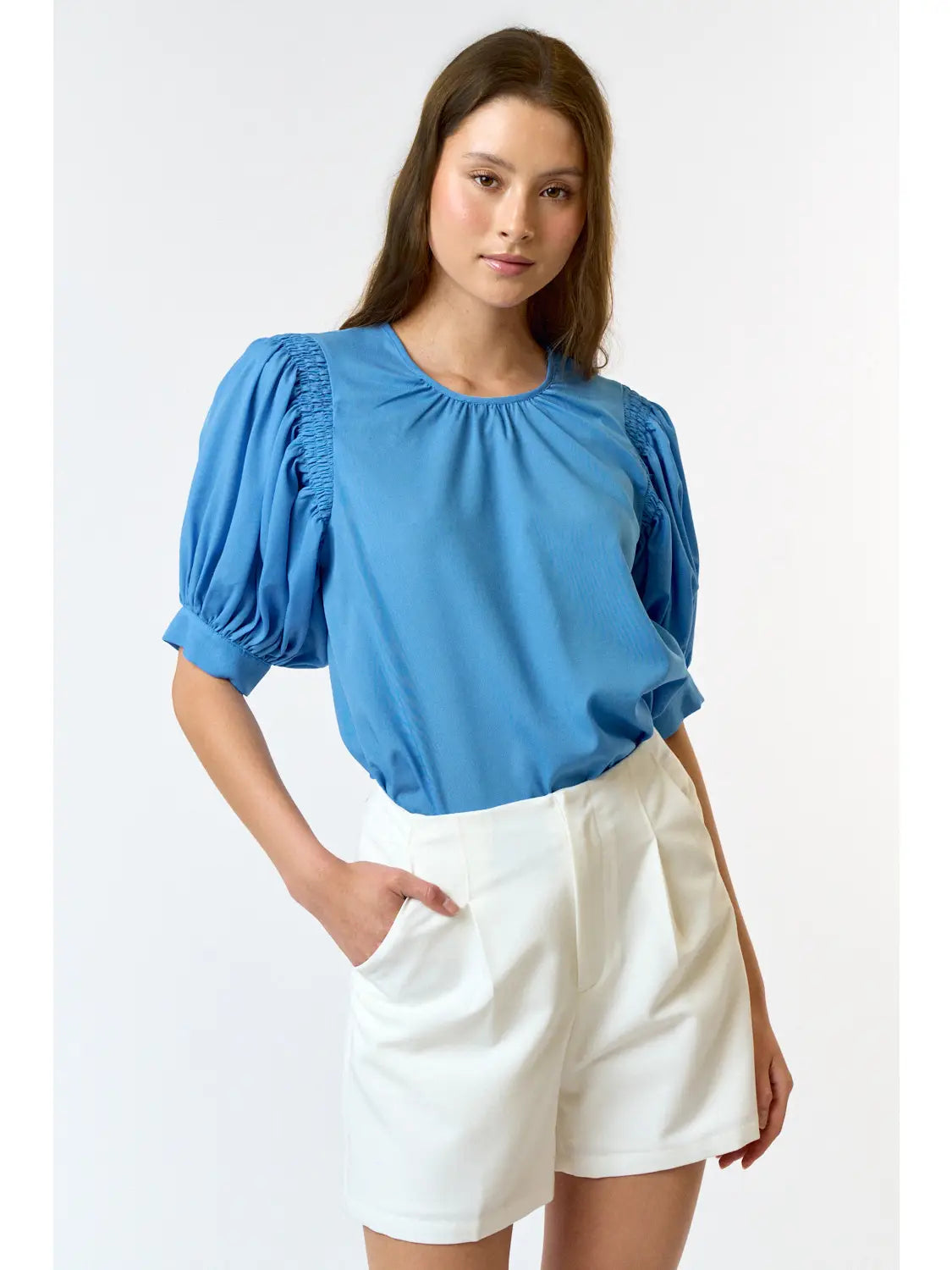 Blue & All Puffed Up Round Neck Top