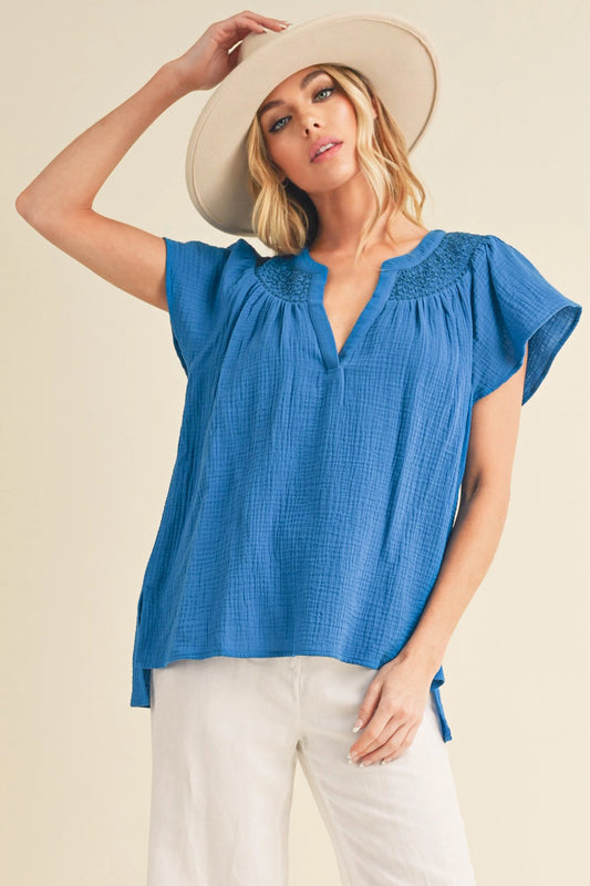 Thia Embroidered Top - Cobalt