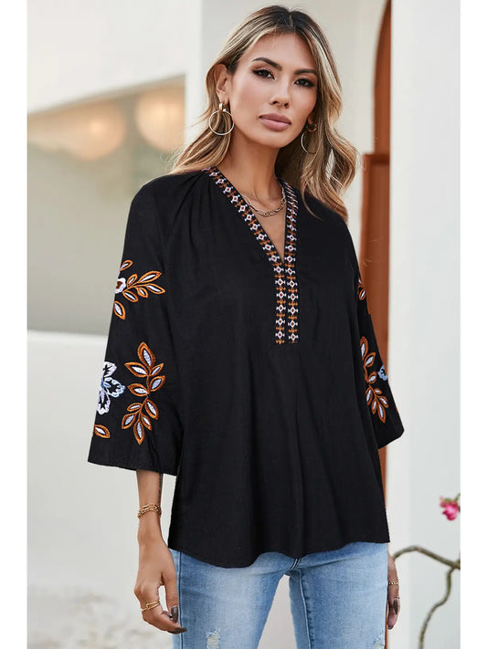 Midnight Enchanted Embroidery Boho Top