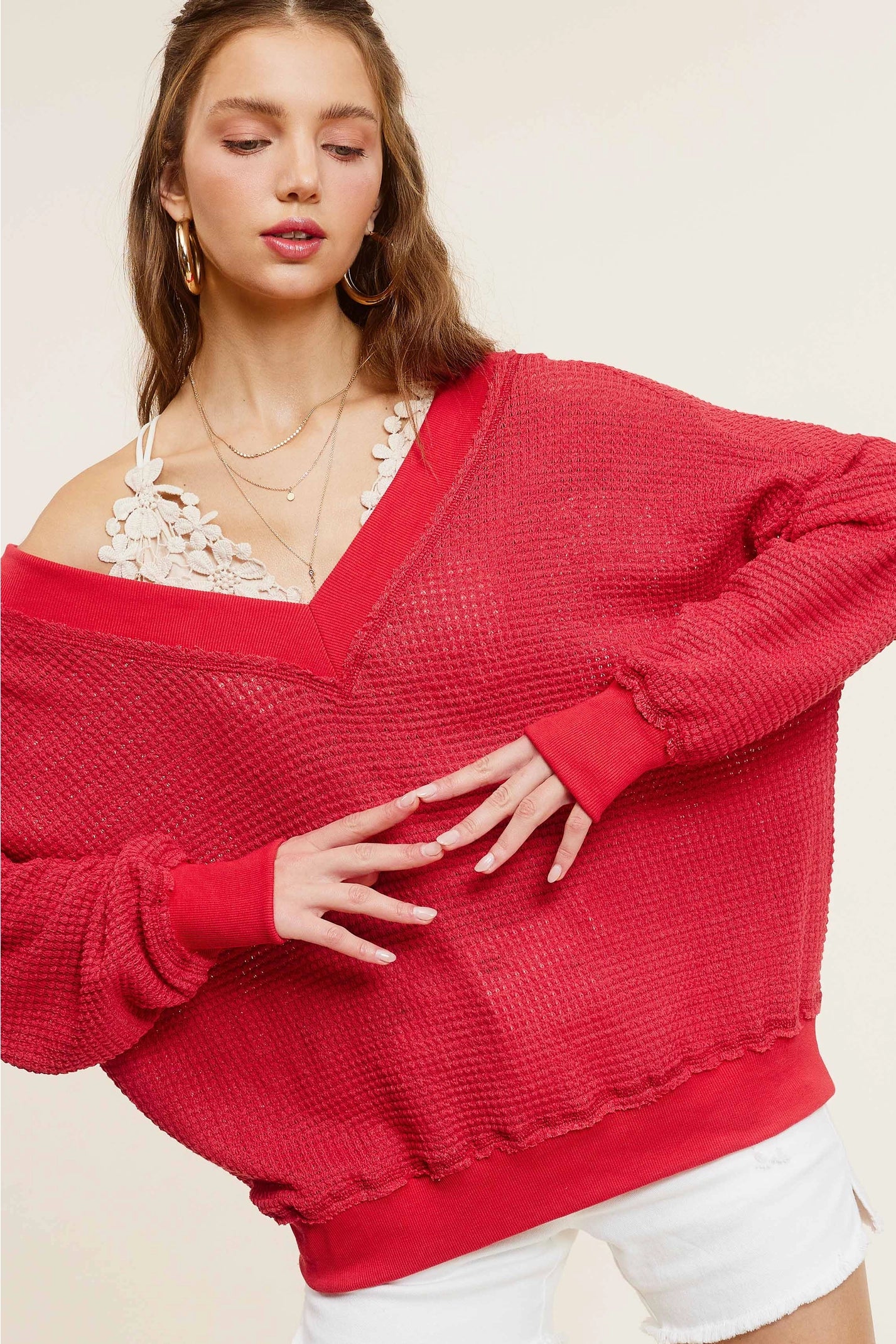 Spicy Tomato Waffle Knit Top