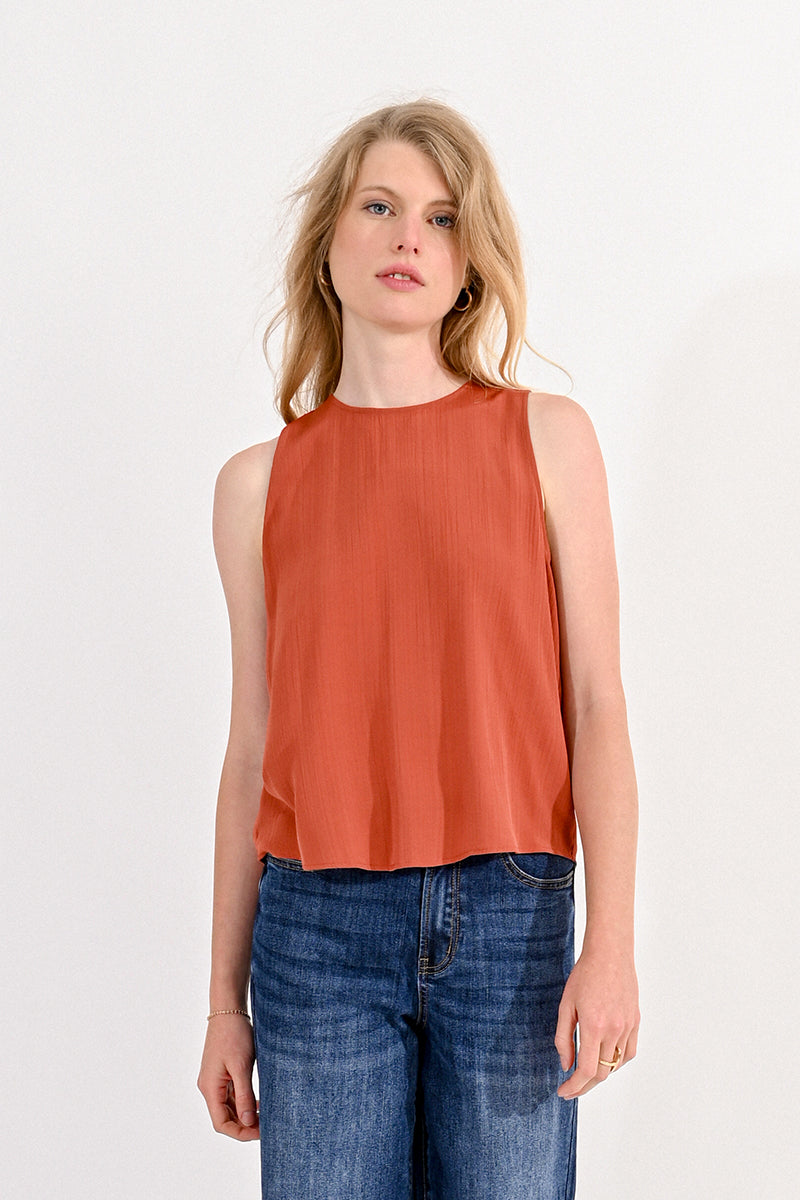 Caramel Crepe-Like Sleeveless Blouse