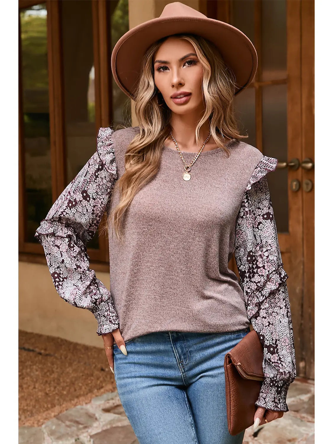 Soft Chestnut Floral Tiered Blouse