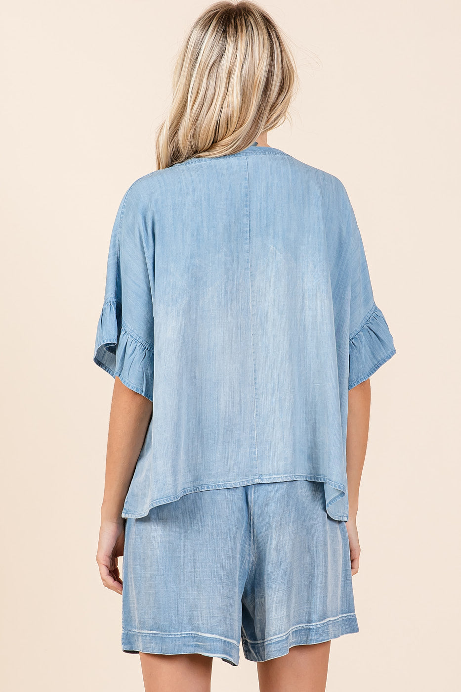 My Favorite Chambray Flowy Ruffle Sleeve Top