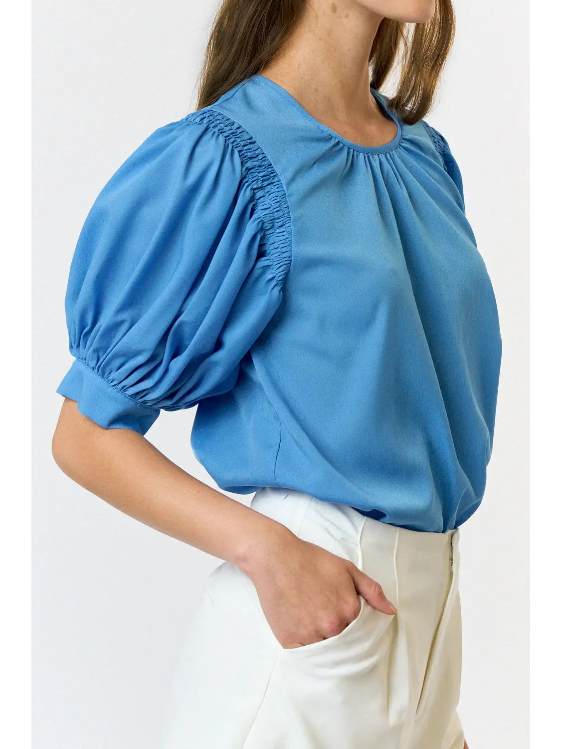 Blue & All Puffed Up Round Neck Top