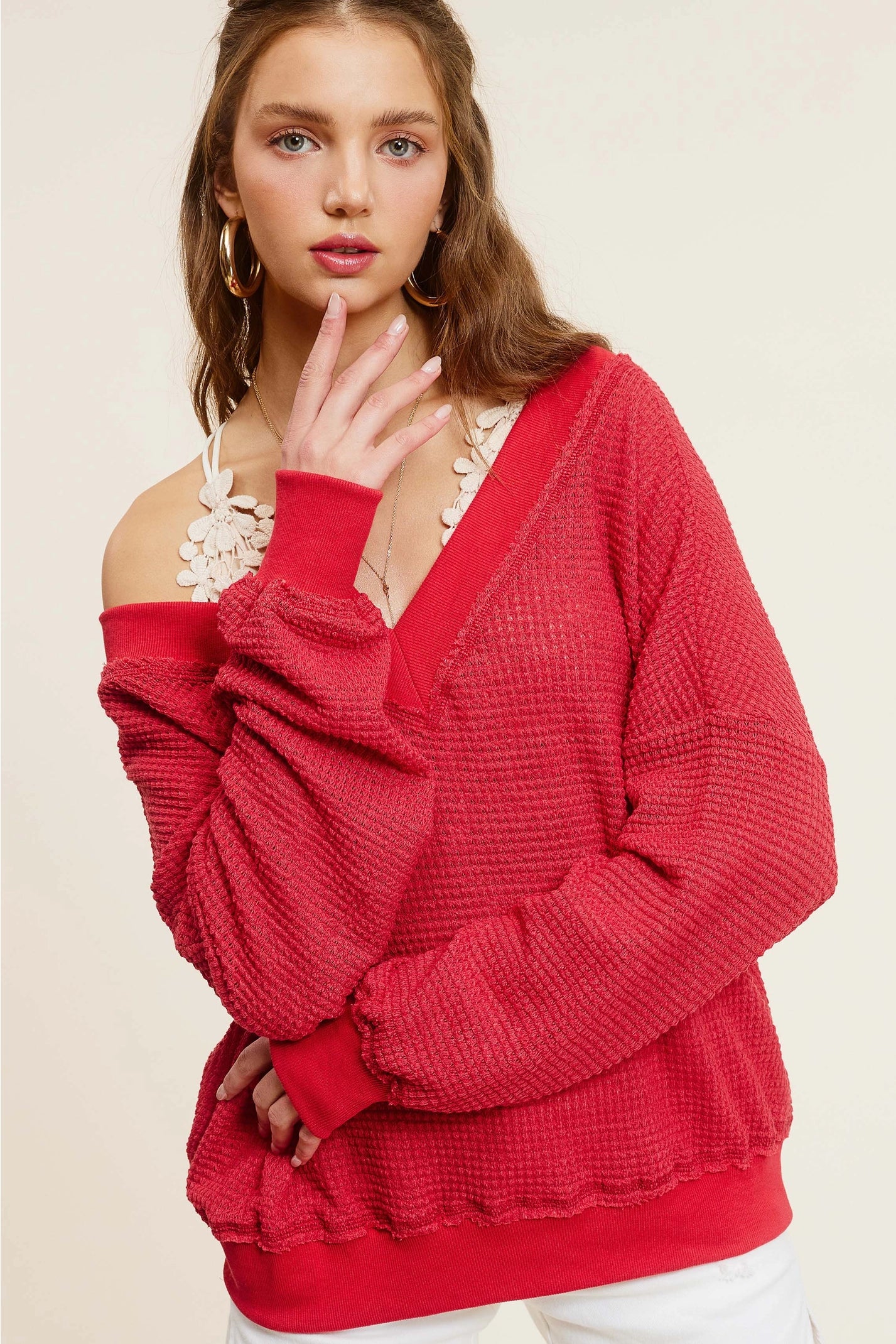 Spicy Tomato Waffle Knit Top