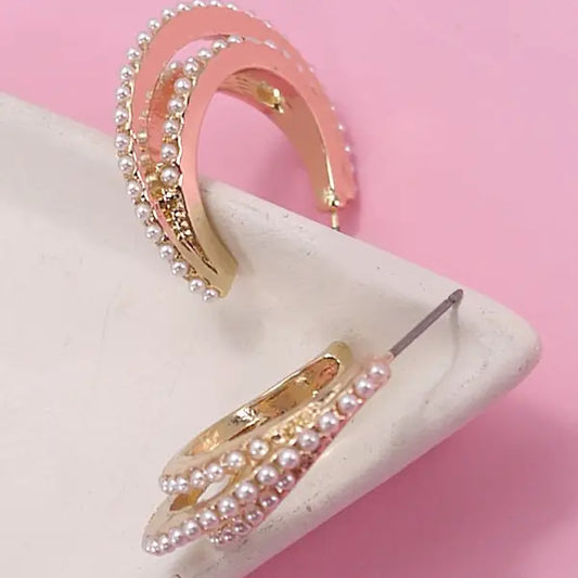 3 Row Pearl Hoop Earrings